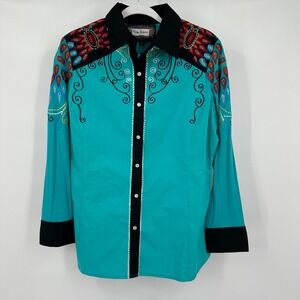 Western Boho Embroidered Shirt Women Size M Rodeo Cowgirl Turquoise Pearl Button